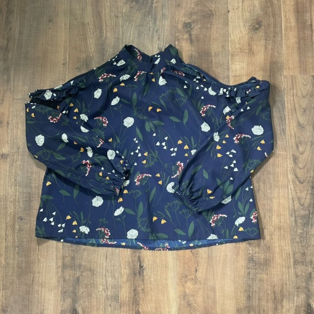The Nines Women’s Navy Floral Cold Shoulder Long Sleeve Blouse Size Small